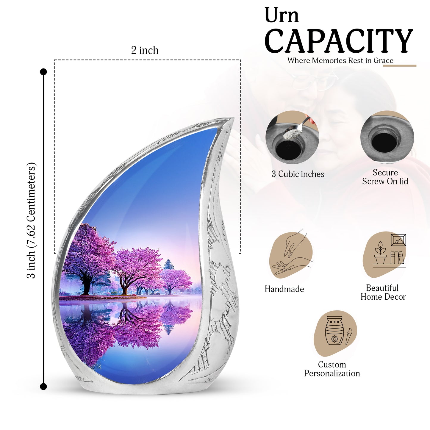 Cloud White Cherry Blossom Cremation Urn angled view of lid and engraved motif - smooth teardrop contour featuring cherry blossom art - mini keepsake memorial for portion of cremation ashes
