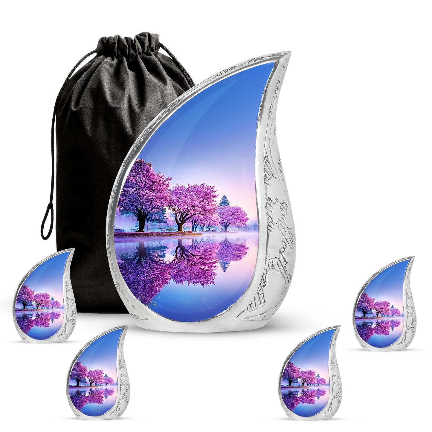 Pearl White Cherry Blossom Cremation Urn side profile showing urn shape - graceful tear-shaped urn with cherry blossom motif - memorial set with one large and four small urns