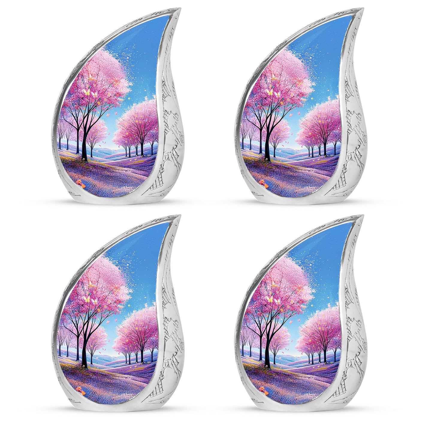 Twilight Blue Cherry Blossom Cremation Urn close-up of engraving and surface detail - graceful tear-shaped urn with cherry blossom motif - 10 inch aluminum urn for cremated remains