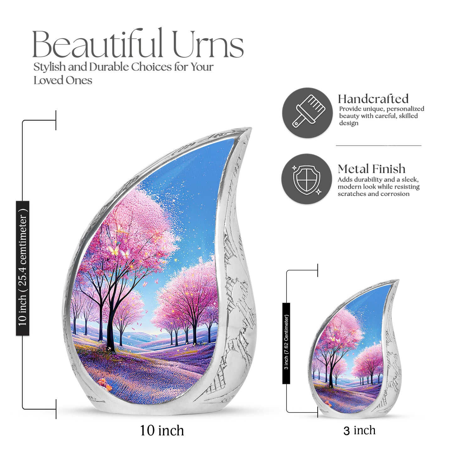 Sapphire Blue Cherry Blossom Cremation Urn angled view of lid and engraved motif - smooth teardrop contour featuring cherry blossom art - mini keepsake memorial for portion of cremation ashes