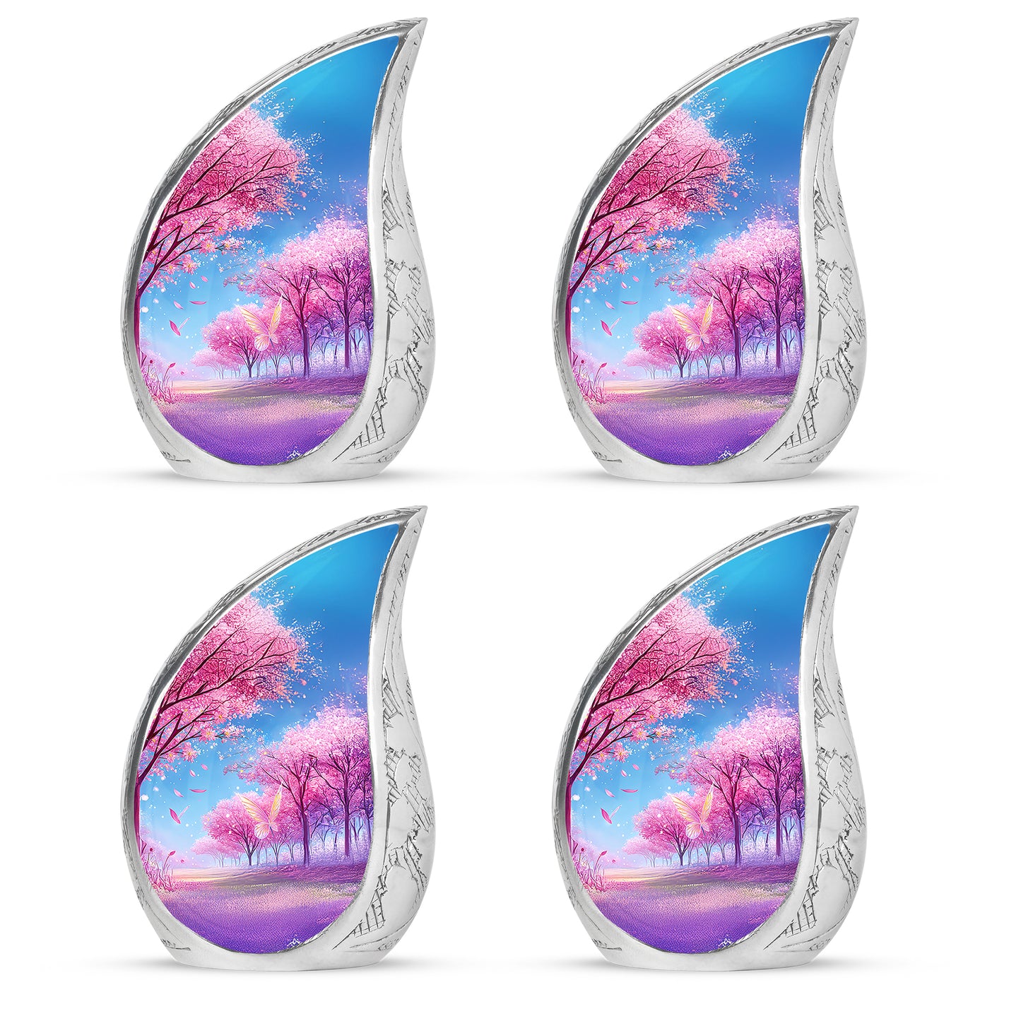 Majestic Purple Cherry Blossom Cremation Urn close-up of engraving and surface detail - flowing teardrop cherry blossom silhouette on curved aluminum - 10 inch aluminum urn for cremated remains