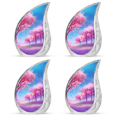 Majestic Purple Cherry Blossom Cremation Urn close-up of engraving and surface detail - flowing teardrop cherry blossom silhouette on curved aluminum - 10 inch aluminum urn for cremated remains