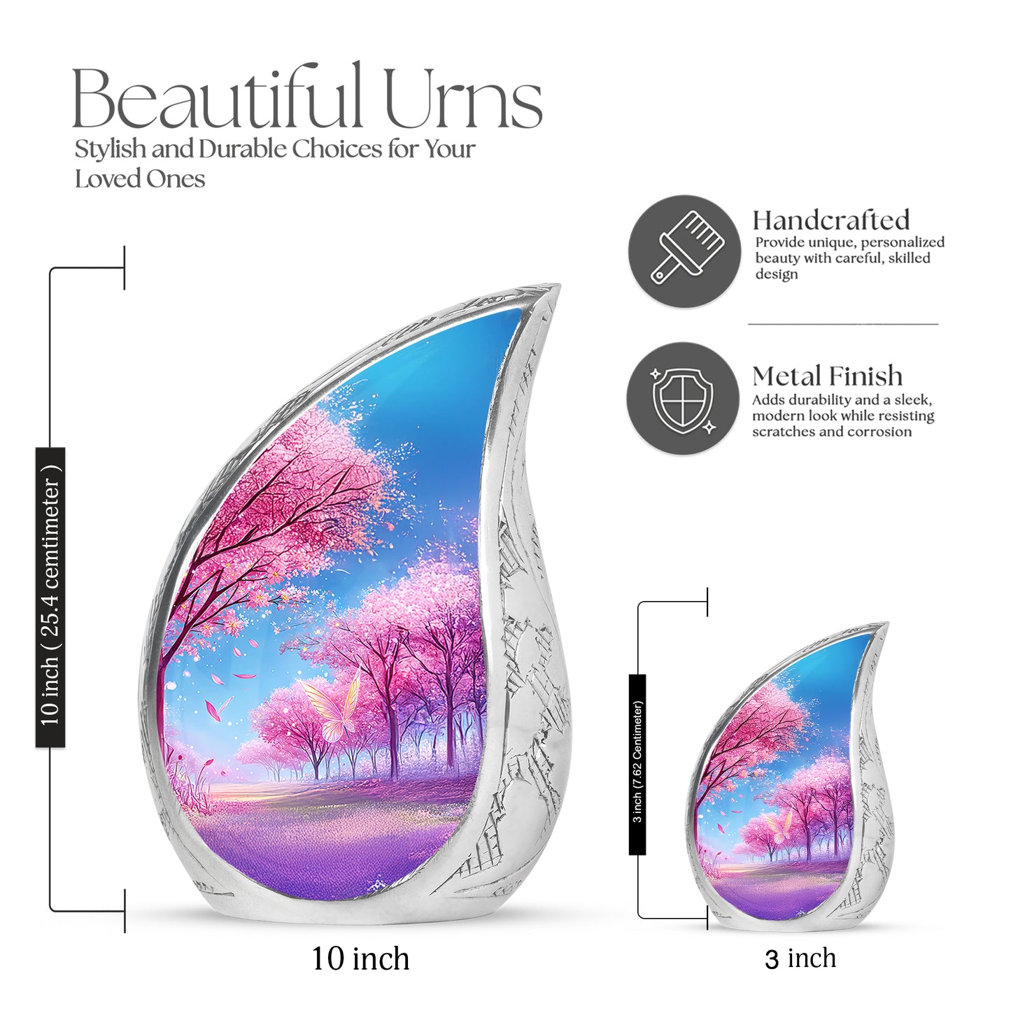 Twilight Purple Cherry Blossom Cremation Urn angled view of lid and engraved motif - smooth teardrop contour featuring cherry blossom art - mini keepsake memorial for portion of cremation ashes
