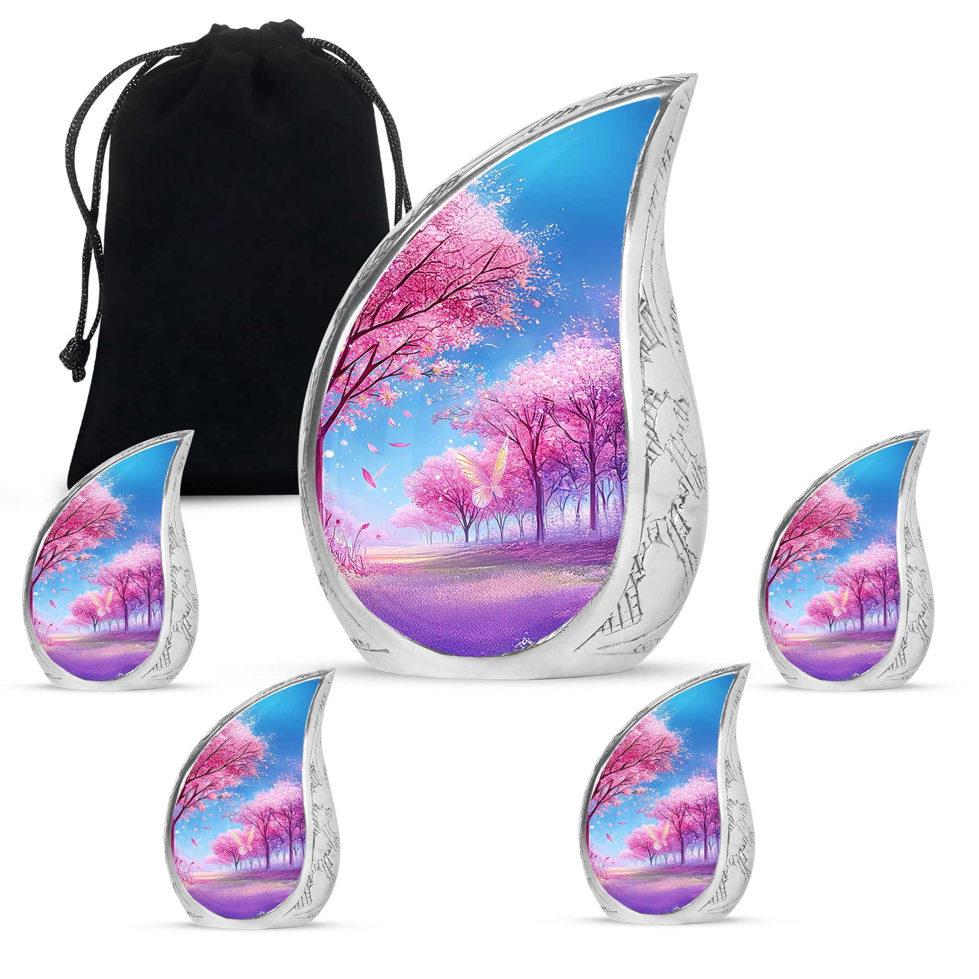 Orchid Purple Cherry Blossom Cremation Urn side profile showing urn shape - flowing teardrop cherry blossom silhouette on curved aluminum - memorial set with one large and four small urns