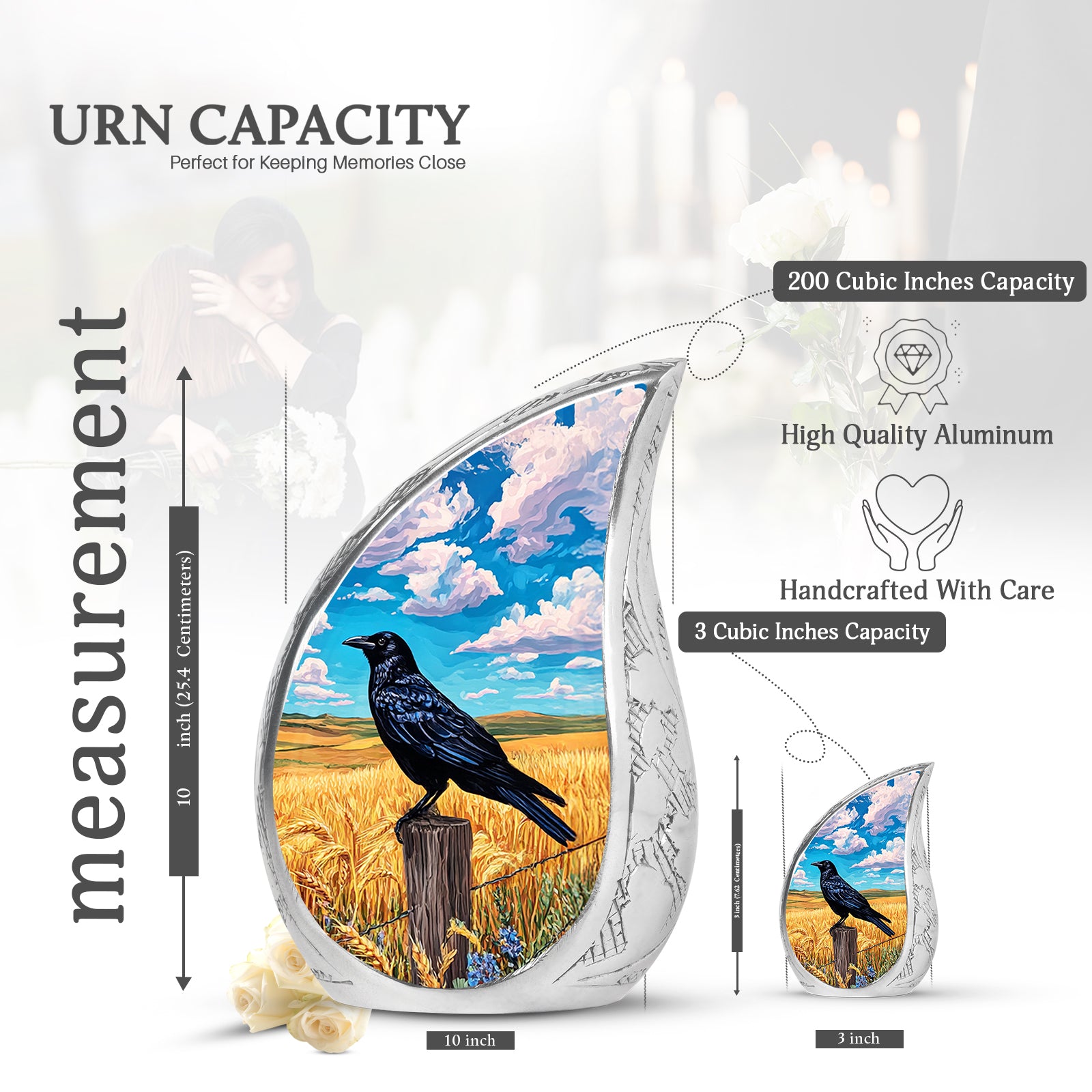Celestial Blue Crow Cremation Urn angled view of lid and engraved motif - rounded teardrop crow design with delicate detail - mini keepsake memorial for portion of cremation ashes