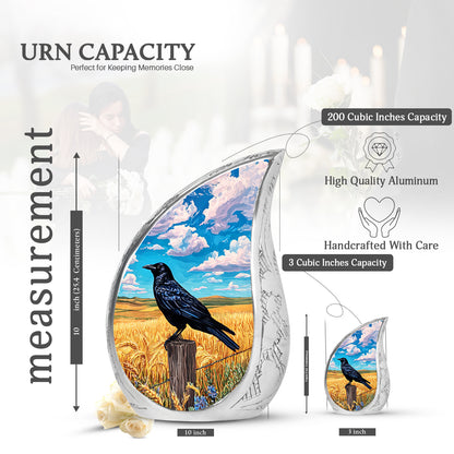 Celestial Blue Crow Cremation Urn angled view of lid and engraved motif - rounded teardrop crow design with delicate detail - mini keepsake memorial for portion of cremation ashes