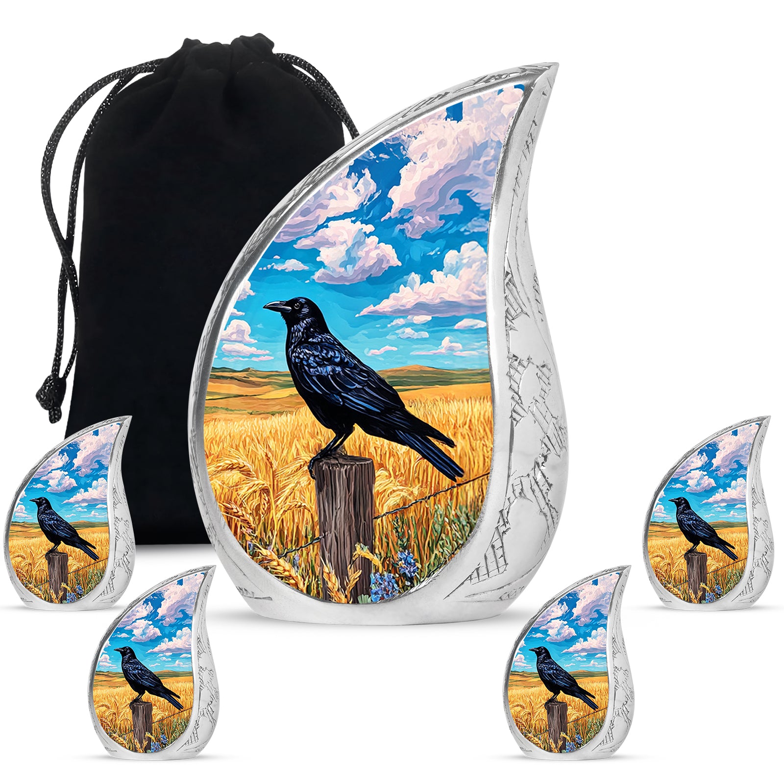 Serene Blue Crow Cremation Urn side profile showing urn shape - graceful tear-shaped urn with crow motif - memorial set with one large and four small urns