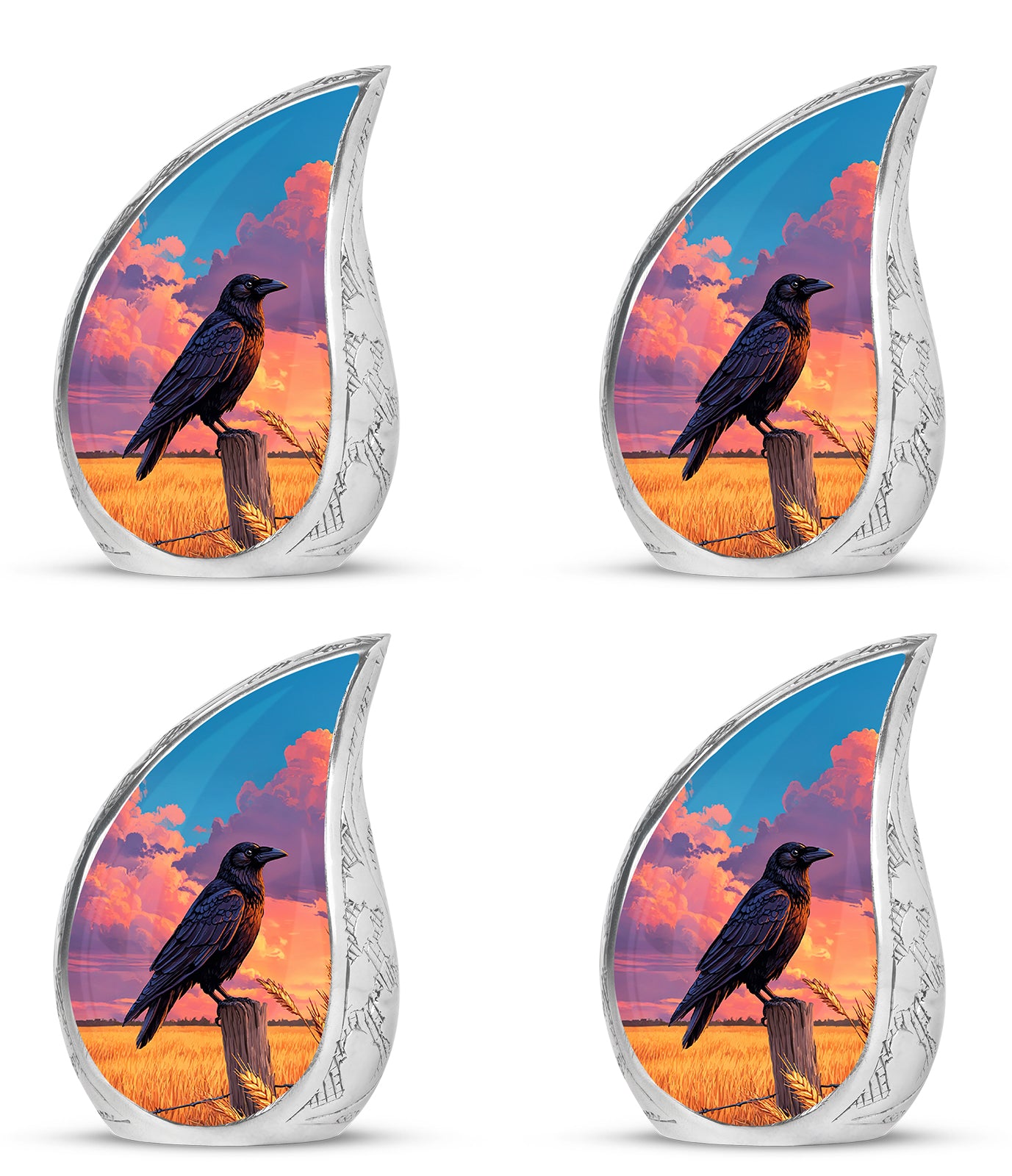 Soft Blue Crow Cremation Urn close-up of engraving and surface detail - smooth teardrop contour featuring crow art - 10 inch aluminum urn for cremated remains