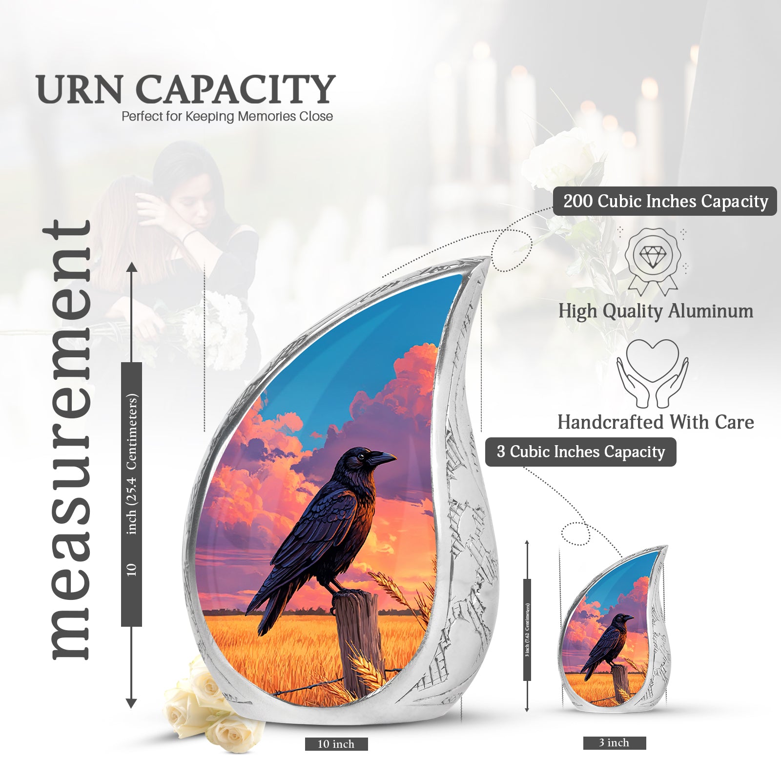 Royal Blue Crow Cremation Urn angled view of lid and engraved motif - graceful tear-shaped urn with crow motif - mini keepsake memorial for portion of cremation ashes
