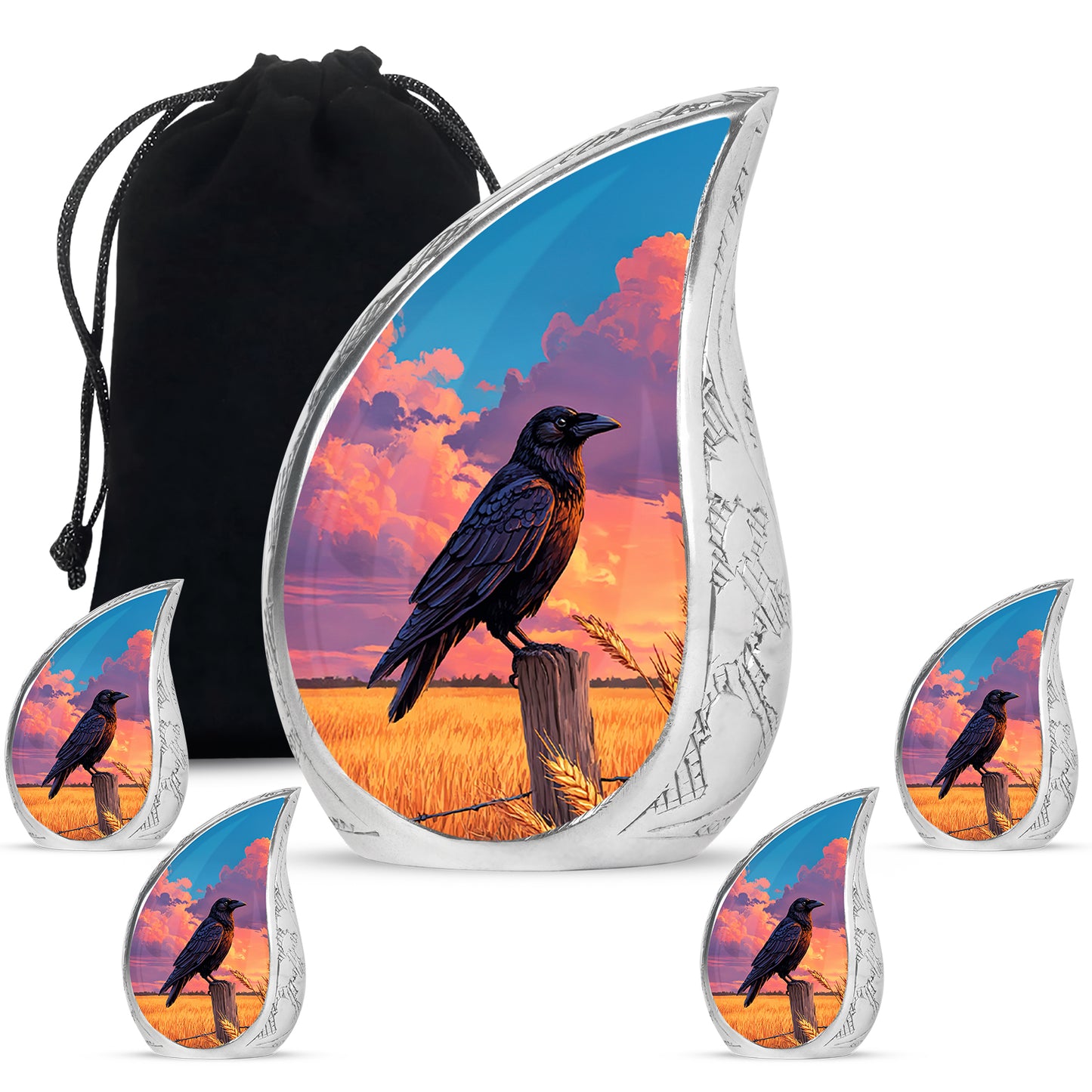Slate Blue Crow Cremation Urn side profile showing urn shape - flowing teardrop crow silhouette on curved aluminum - memorial set with one large and four small urns