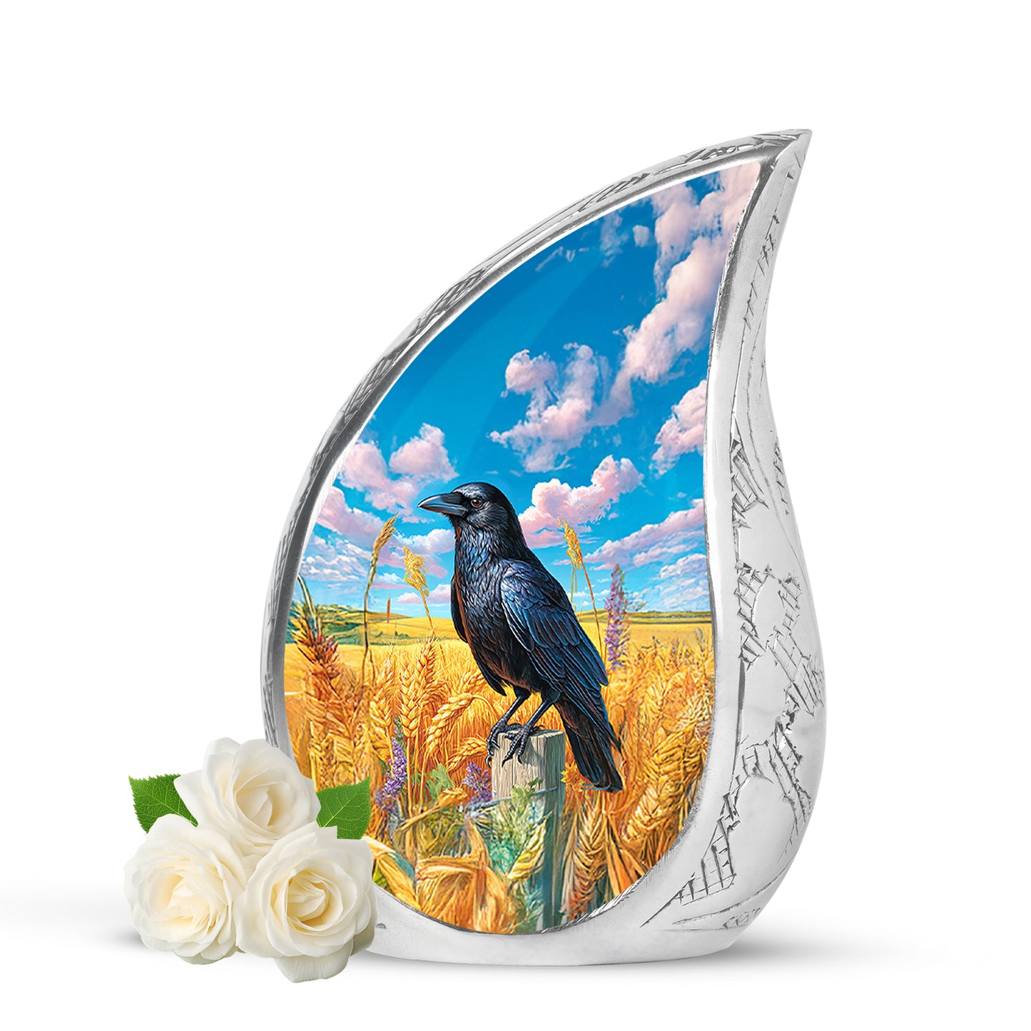 Personalized Blue Steadfast Crow Cremation Urns for Human Ashes - 10-inch, 200 cu in - Yatskia