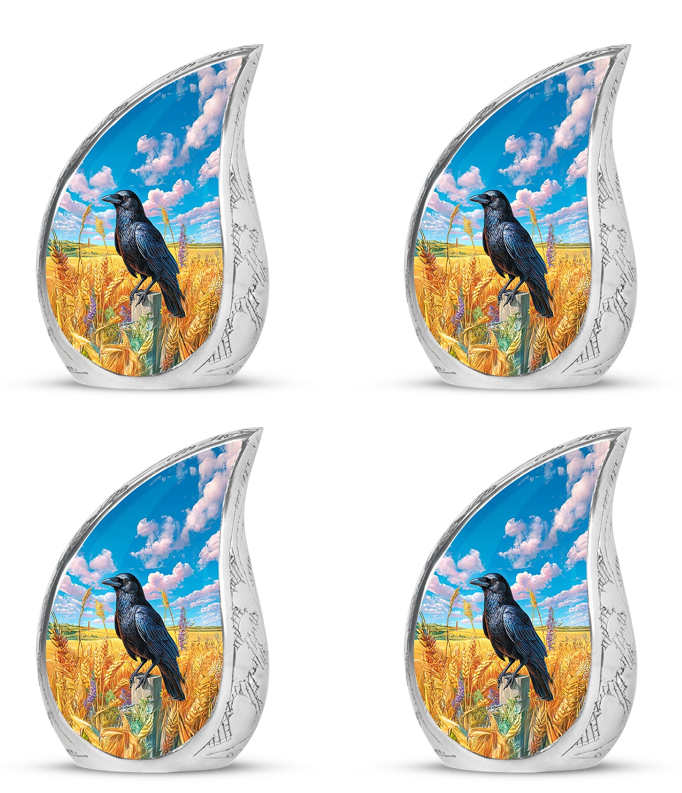 Pastel Blue Crow Cremation Urn close-up of engraving and surface detail - rounded teardrop crow design with delicate detail - 10 inch aluminum urn for cremated remains