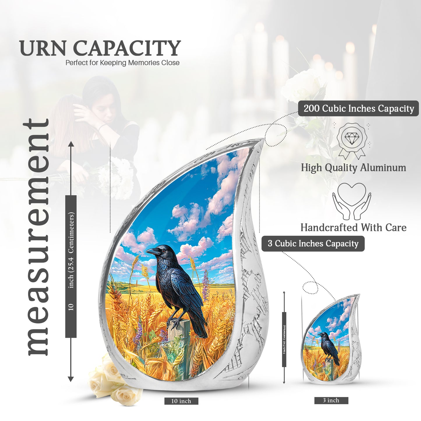 Dusty Blue Crow Cremation Urn angled view of lid and engraved motif - rounded teardrop crow design with delicate detail - mini keepsake memorial for portion of cremation ashes