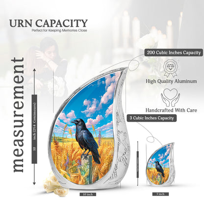 Dusty Blue Crow Cremation Urn angled view of lid and engraved motif - rounded teardrop crow design with delicate detail - mini keepsake memorial for portion of cremation ashes