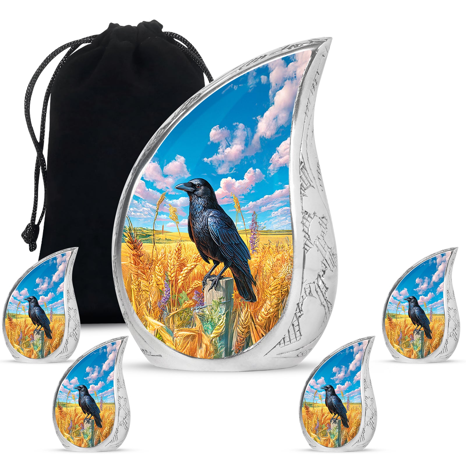Sapphire Blue Crow Cremation Urn side profile showing urn shape - graceful tear-shaped urn with crow motif - memorial set with one large and four small urns