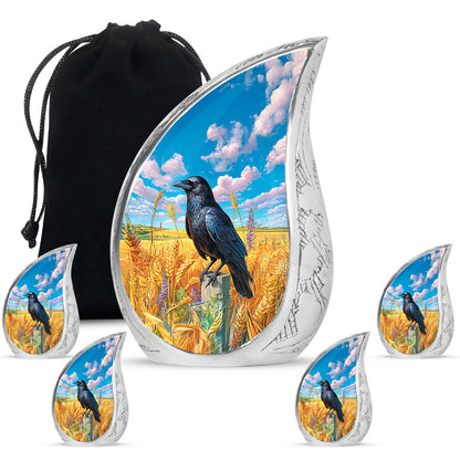 Sapphire Blue Crow Cremation Urn side profile showing urn shape - graceful tear-shaped urn with crow motif - memorial set with one large and four small urns