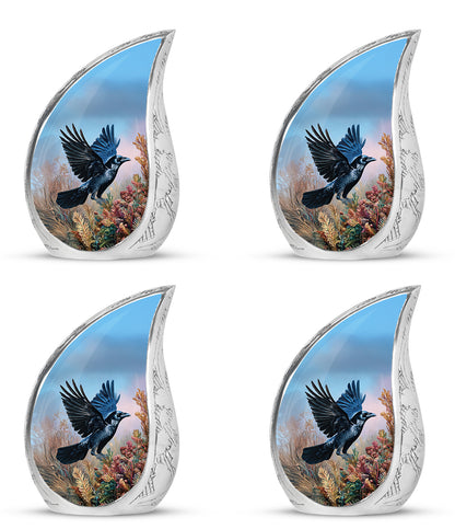 Cobalt Blue Crow Cremation Urn close-up of engraving and surface detail - graceful tear-shaped urn with crow motif - 10 inch aluminum urn for cremated remains