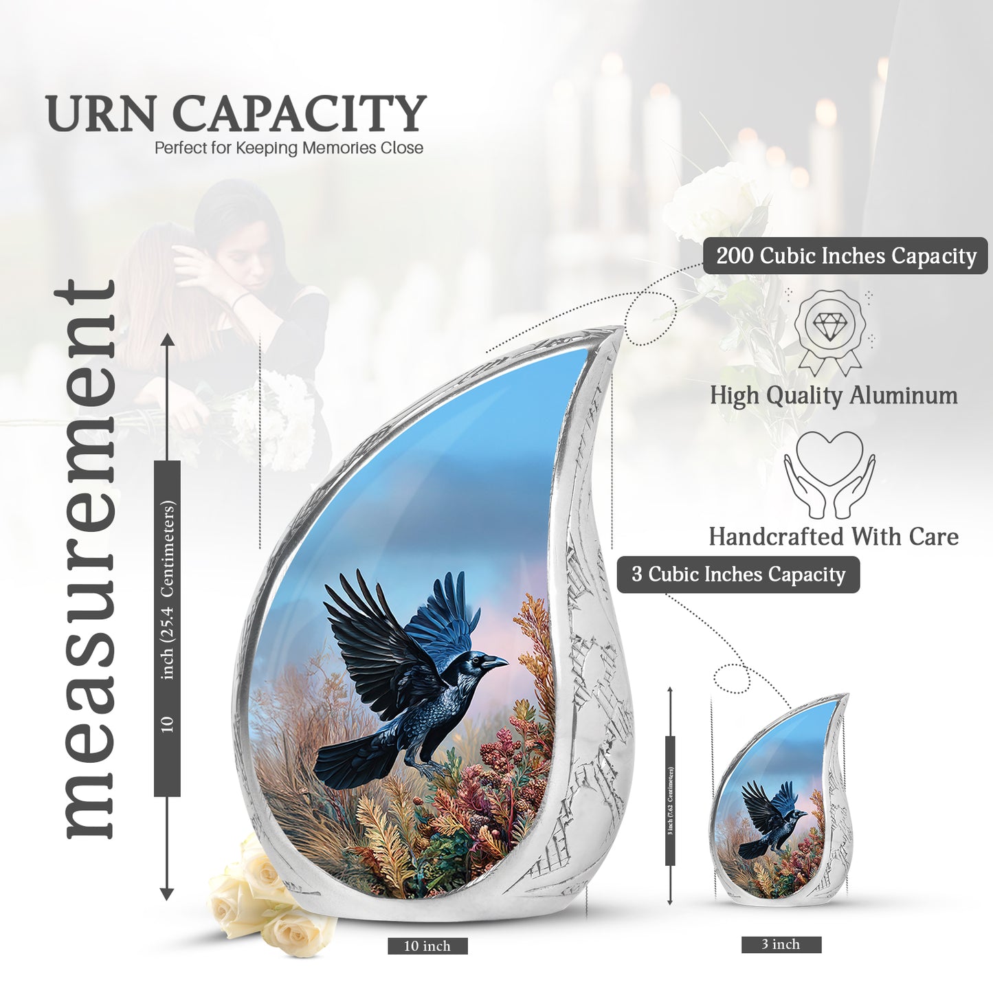 Azure Crow Cremation Urn angled view of lid and engraved motif - flowing teardrop crow silhouette on curved aluminum - mini keepsake memorial for portion of cremation ashes