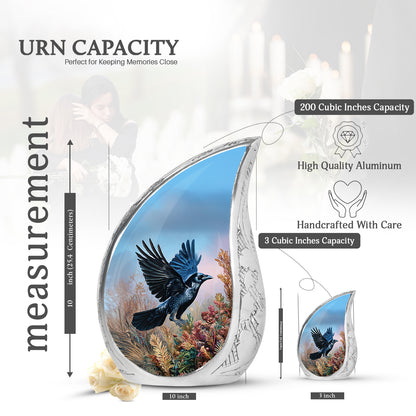 Azure Crow Cremation Urn angled view of lid and engraved motif - flowing teardrop crow silhouette on curved aluminum - mini keepsake memorial for portion of cremation ashes