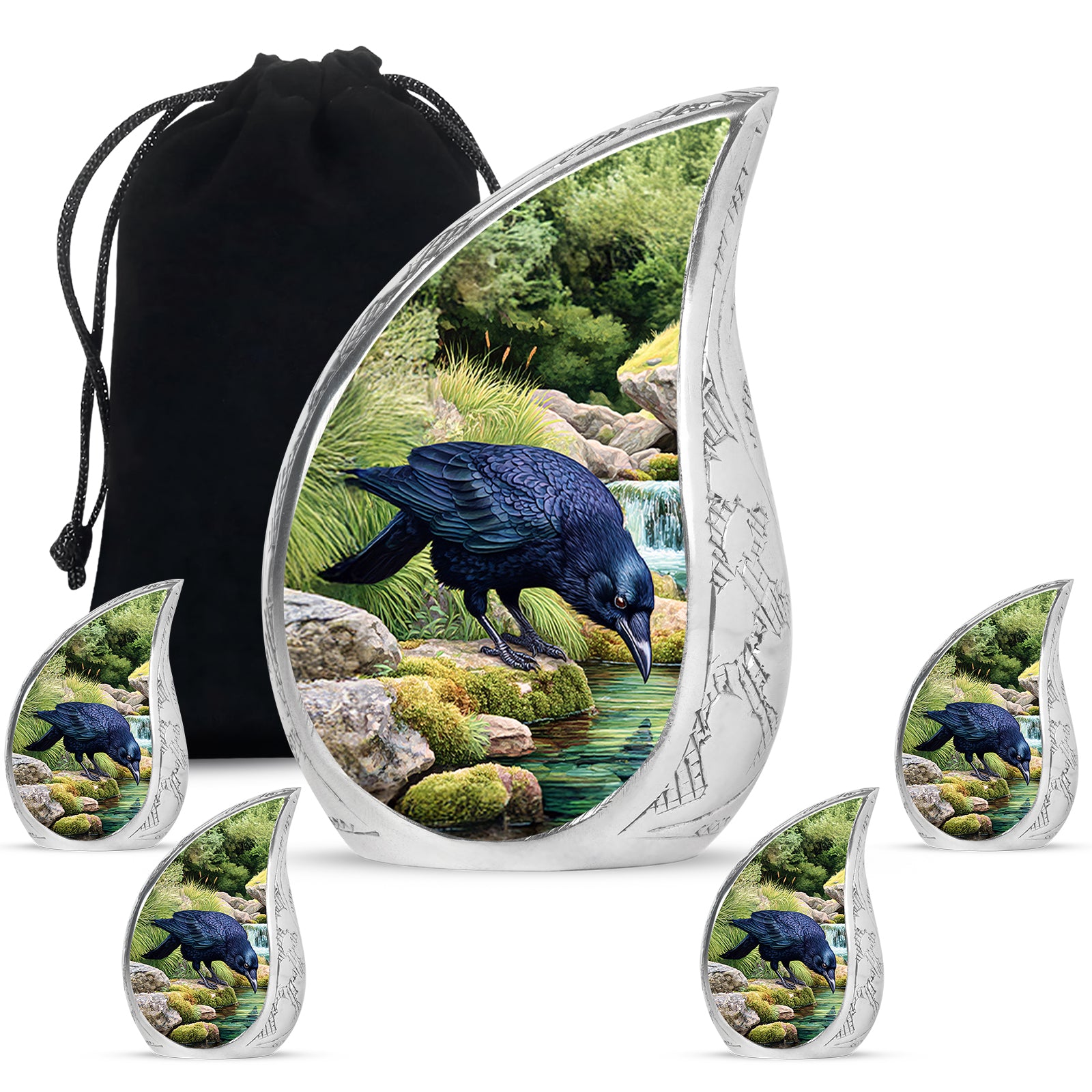 Jade Green Crow Cremation Urn side profile showing urn shape - rounded teardrop crow design with delicate detail - memorial set with one large and four small urns