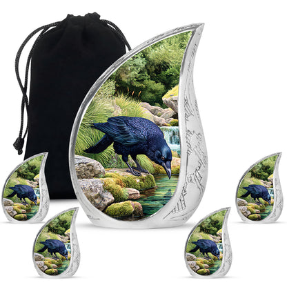 Jade Green Crow Cremation Urn side profile showing urn shape - rounded teardrop crow design with delicate detail - memorial set with one large and four small urns
