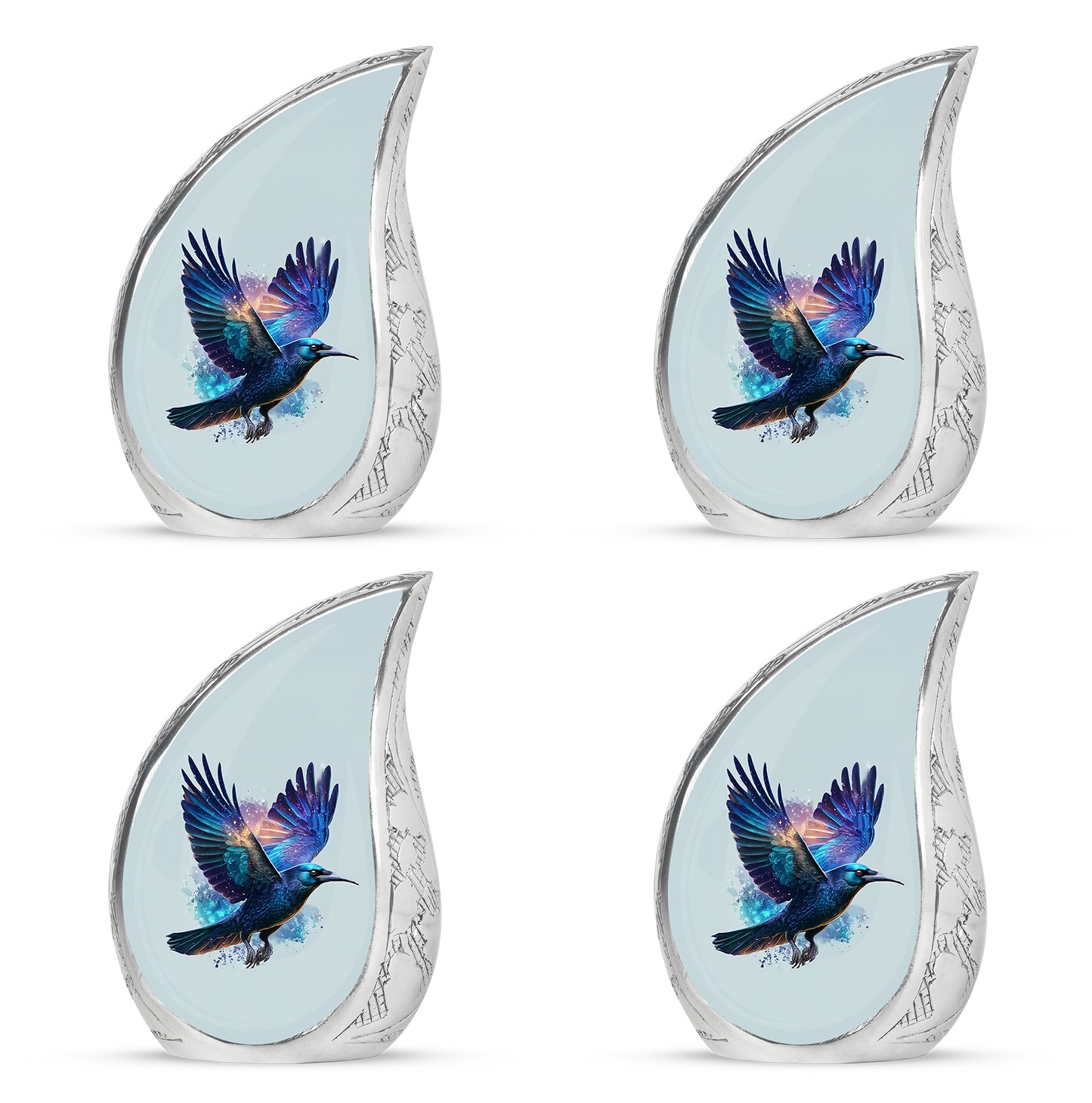 Satin Silver Crow Cremation Urn close-up of engraving and surface detail - flowing teardrop crow silhouette on curved aluminum - 10 inch aluminum urn for cremated remains