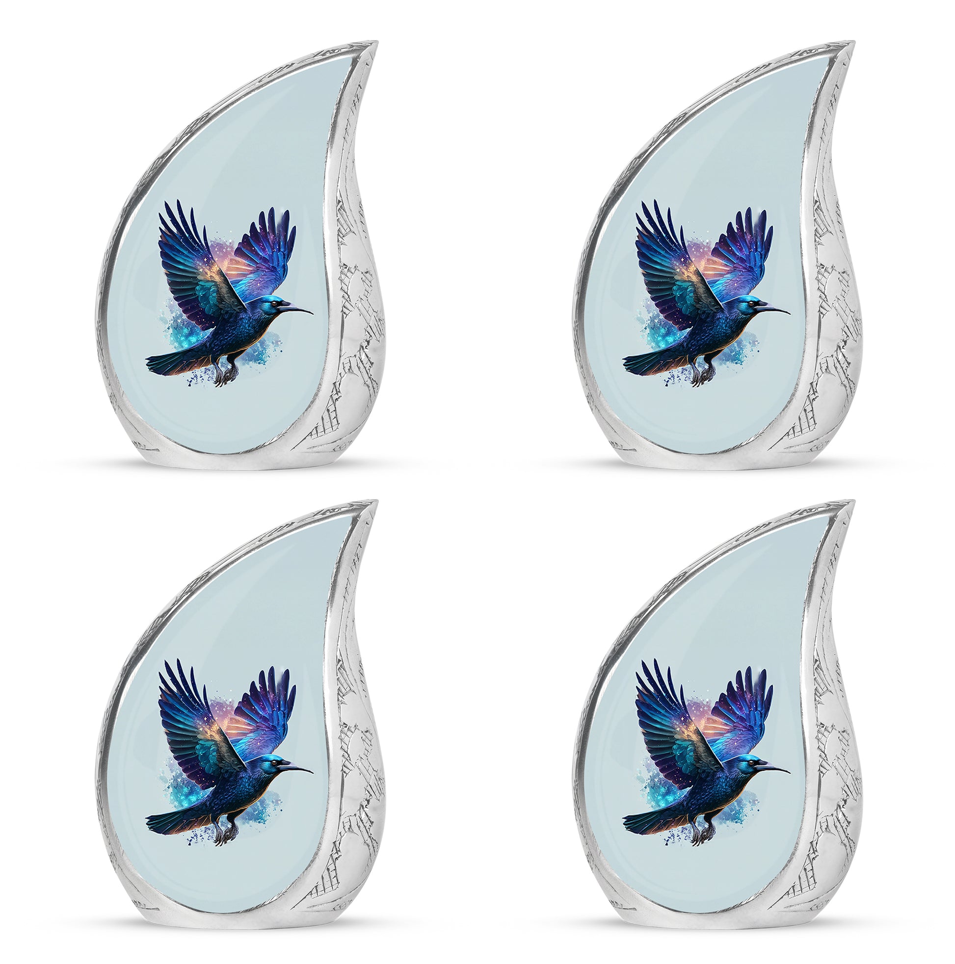 Satin Silver Crow Cremation Urn close-up of engraving and surface detail - flowing teardrop crow silhouette on curved aluminum - 10 inch aluminum urn for cremated remains