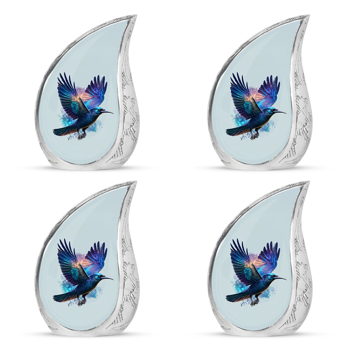 Satin Silver Crow Cremation Urn close-up of engraving and surface detail - flowing teardrop crow silhouette on curved aluminum - 10 inch aluminum urn for cremated remains