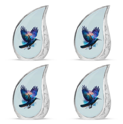 Satin Silver Crow Cremation Urn close-up of engraving and surface detail - flowing teardrop crow silhouette on curved aluminum - 10 inch aluminum urn for cremated remains