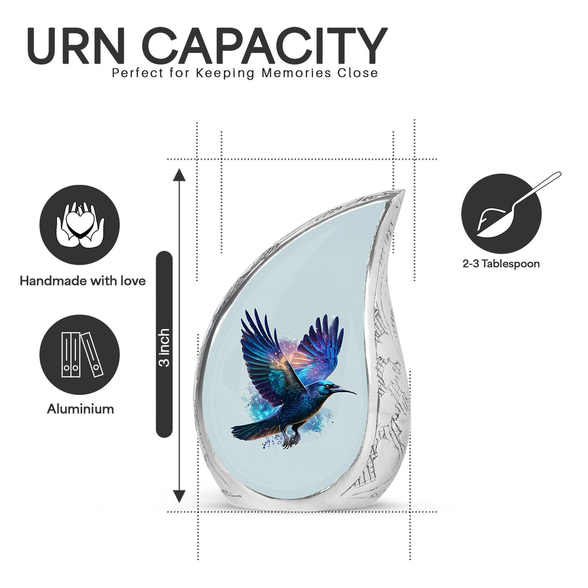 Gleaming Silver Crow Cremation Urn angled view of lid and engraved motif - rounded teardrop crow design with delicate detail - mini keepsake memorial for portion of cremation ashes
