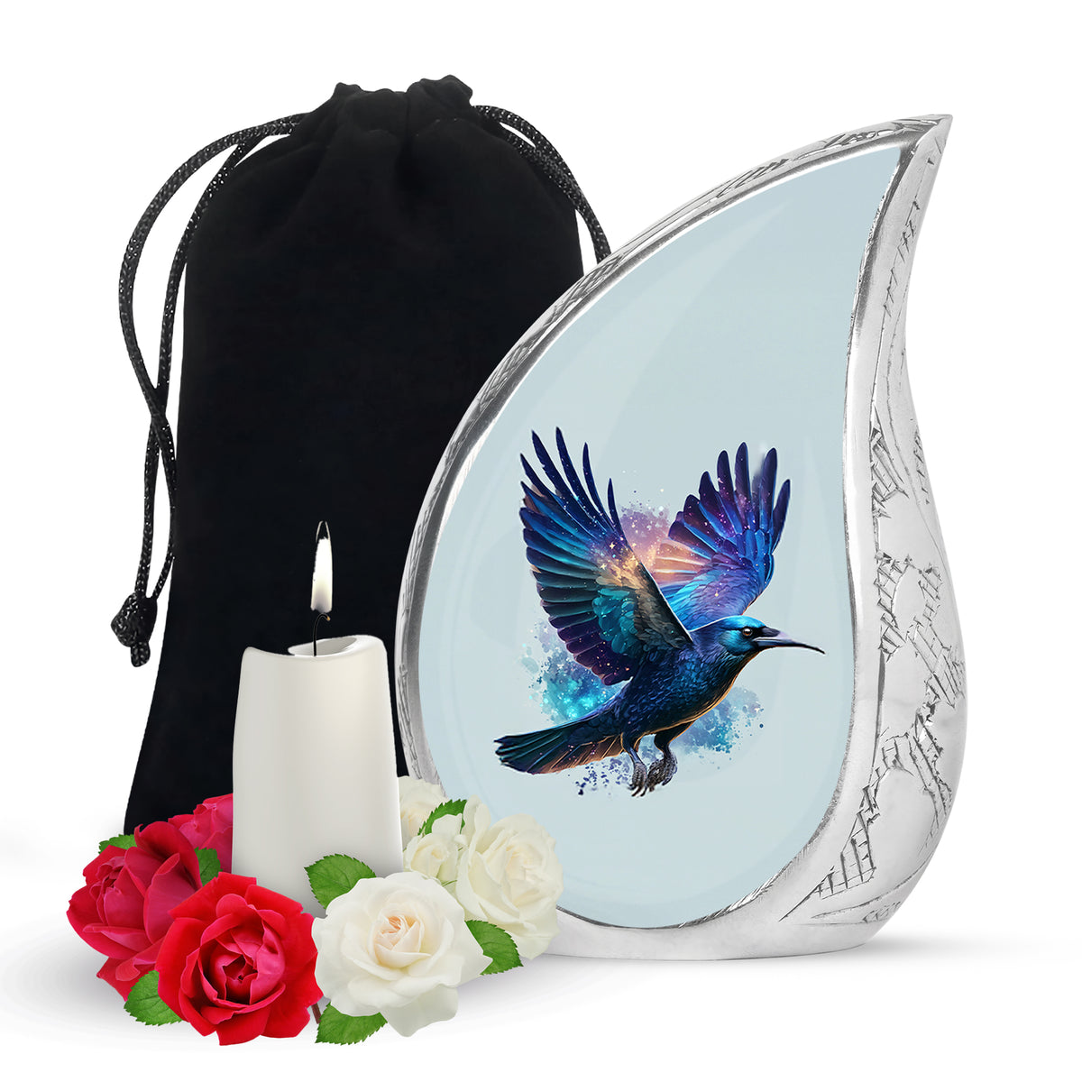 Polished Silver Crow Cremation Urn front view showing detailed design - smooth teardrop contour featuring crow art - full-size 10 inch 200 cubic inch adult cremation urn