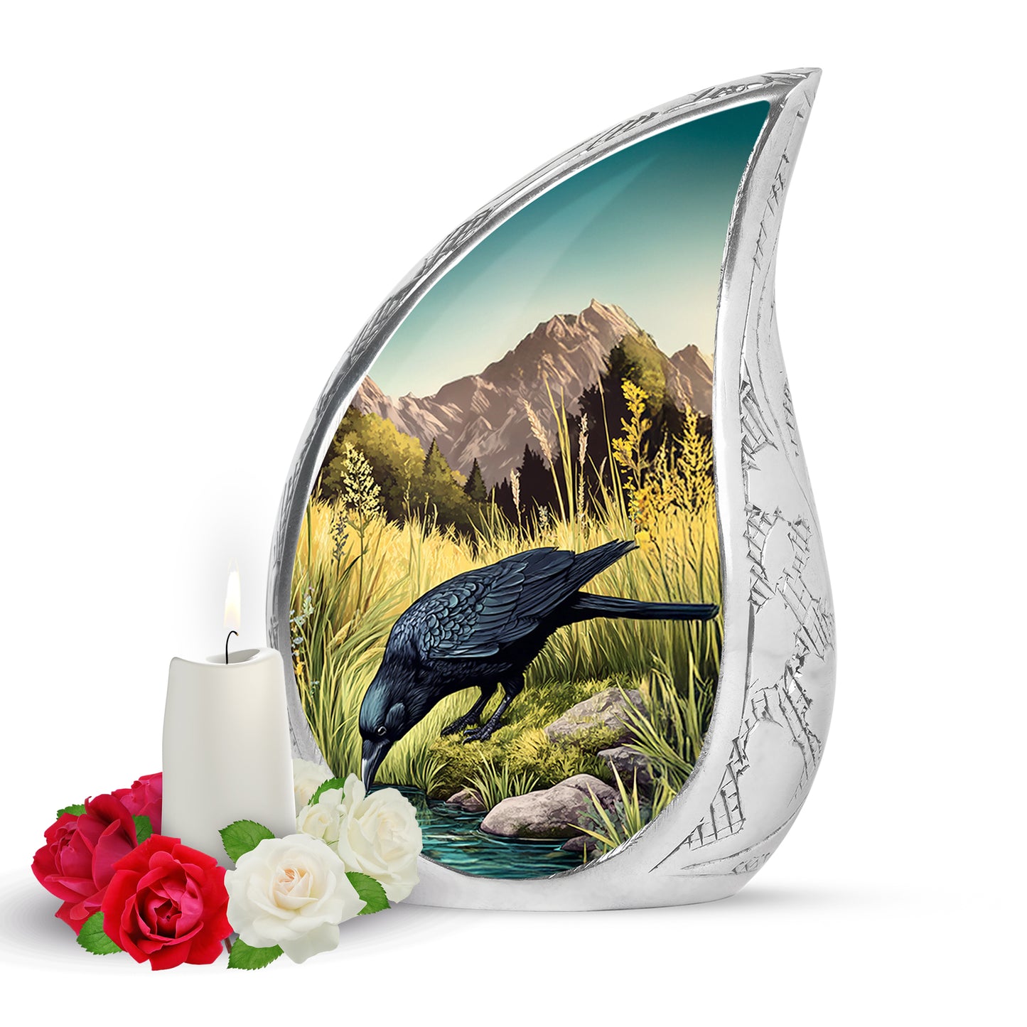Illustrious Crow Memorial Cremation Urns - Teal 10-inch, 200 cu in - Yatskia