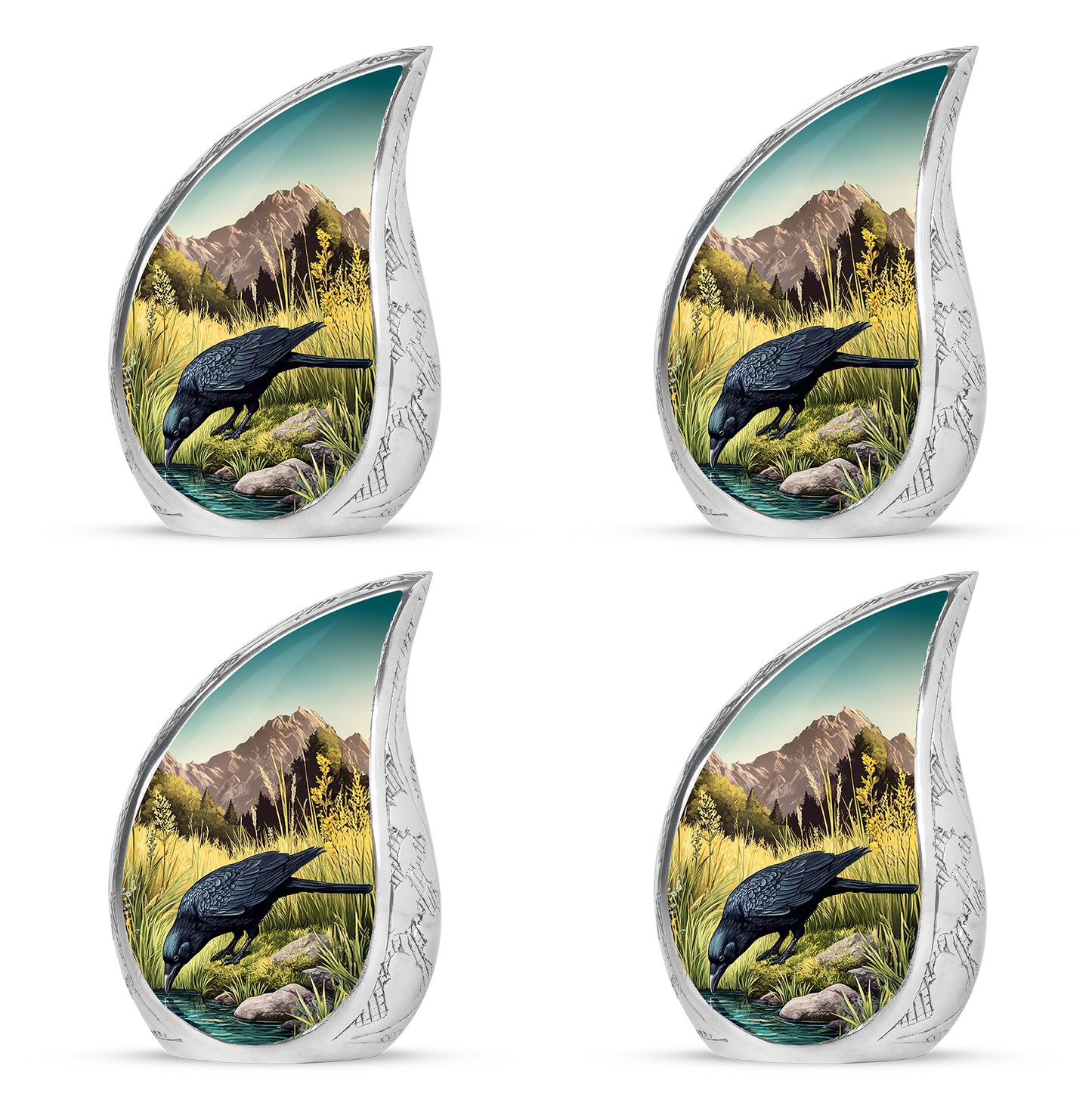 Ocean Teal Crow Cremation Urn close-up of engraving and surface detail - rounded teardrop crow design with delicate detail - 10 inch aluminum urn for cremated remains