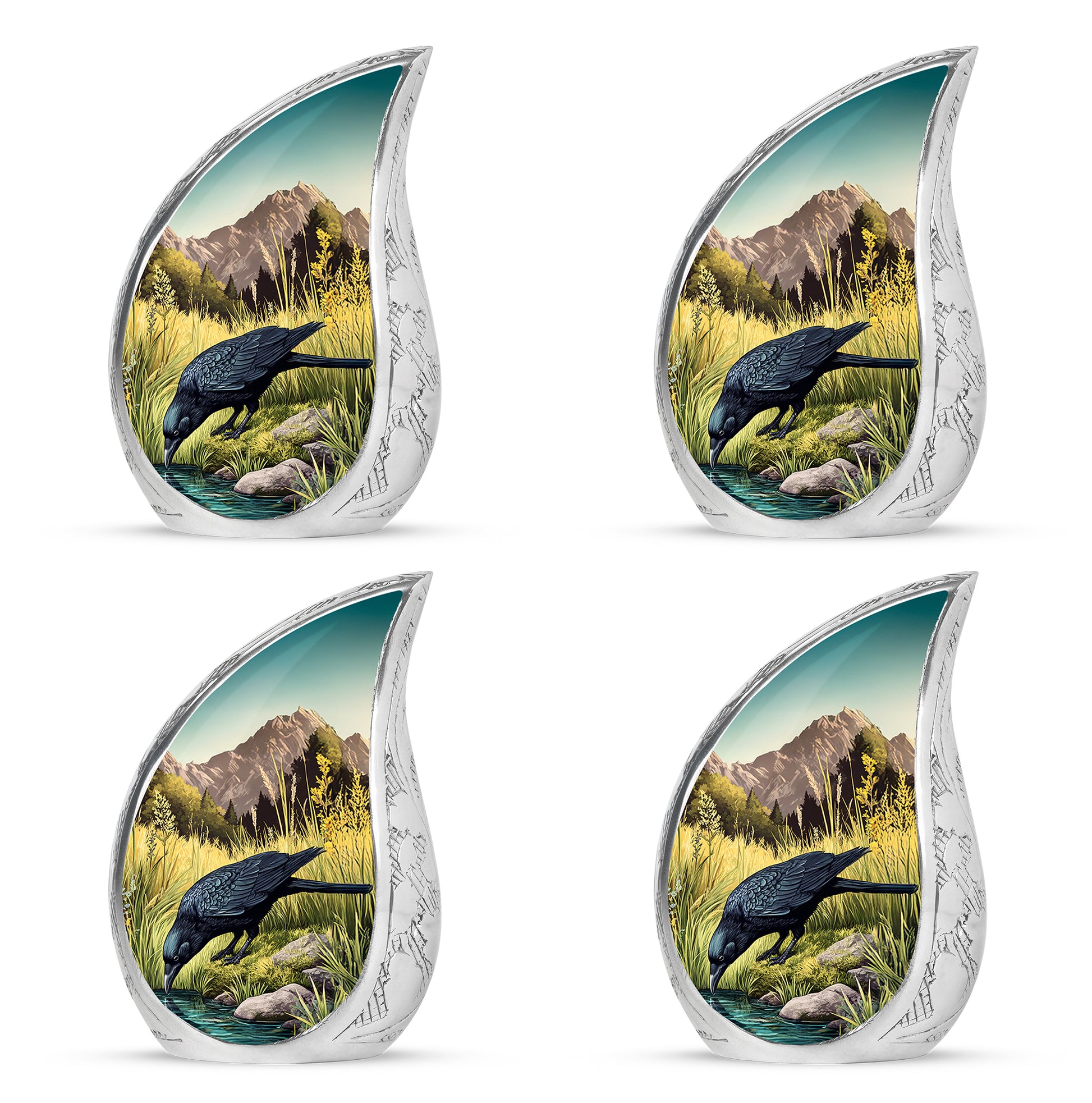 Ocean Teal Crow Cremation Urn close-up of engraving and surface detail - rounded teardrop crow design with delicate detail - 10 inch aluminum urn for cremated remains