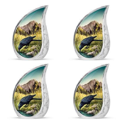 Ocean Teal Crow Cremation Urn close-up of engraving and surface detail - rounded teardrop crow design with delicate detail - 10 inch aluminum urn for cremated remains