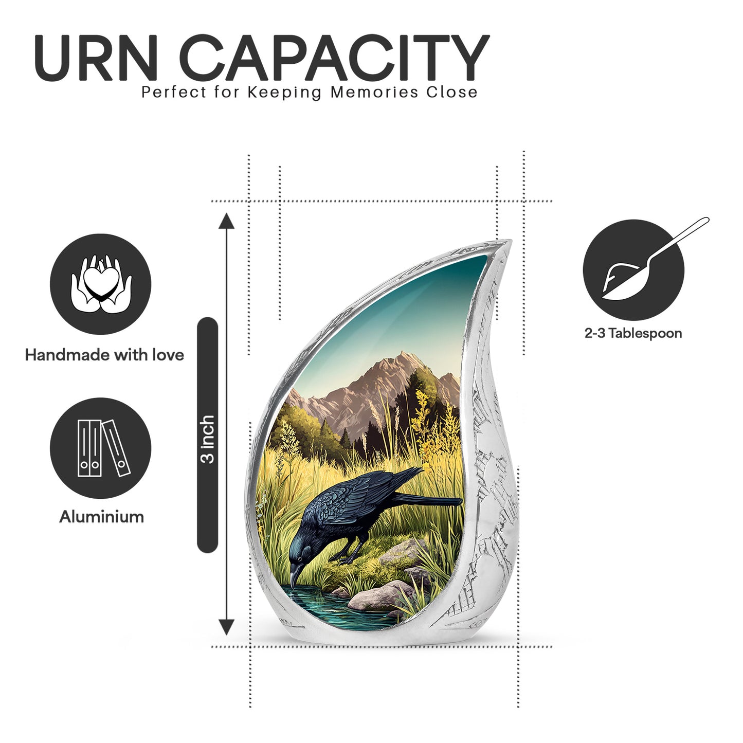 Ocean Teal Crow Cremation Urn angled view of lid and engraved motif - flowing teardrop crow silhouette on curved aluminum - mini keepsake memorial for portion of cremation ashes
