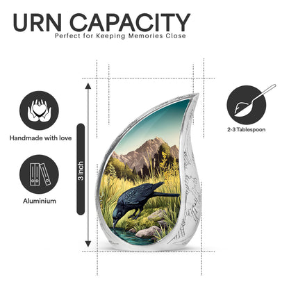 Ocean Teal Crow Cremation Urn angled view of lid and engraved motif - flowing teardrop crow silhouette on curved aluminum - mini keepsake memorial for portion of cremation ashes