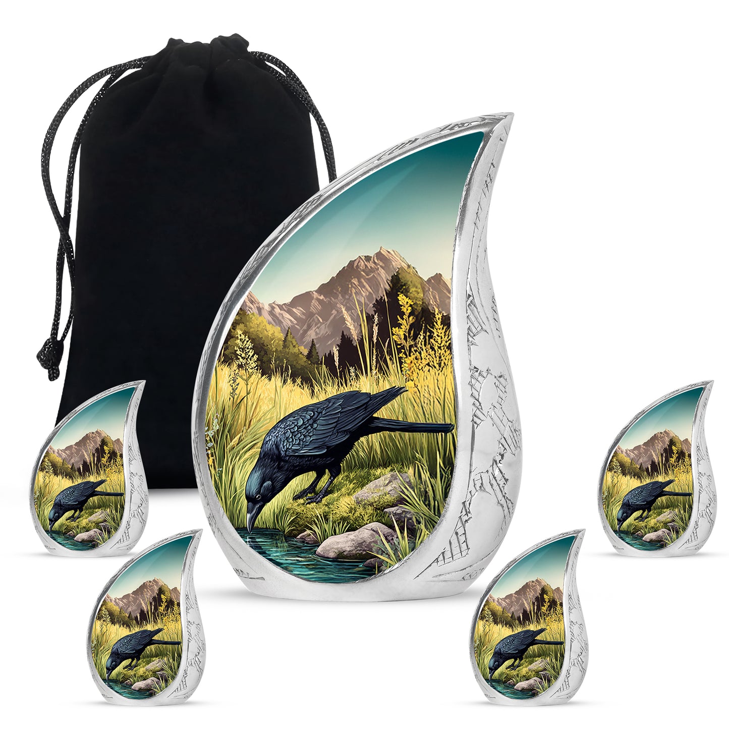 Mystic Teal Crow Cremation Urn side profile showing urn shape - graceful tear-shaped urn with crow motif - memorial set with one large and four small urns
