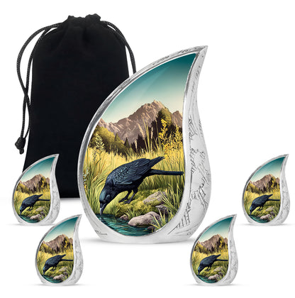 Mystic Teal Crow Cremation Urn side profile showing urn shape - graceful tear-shaped urn with crow motif - memorial set with one large and four small urns