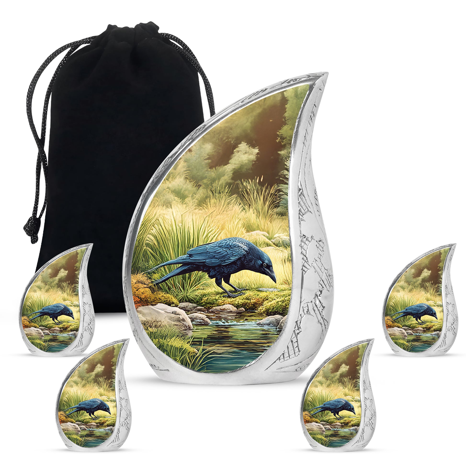 Amber Gold Crow Cremation Urn side profile showing urn shape - rounded teardrop crow design with delicate detail - memorial set with one large and four small urns