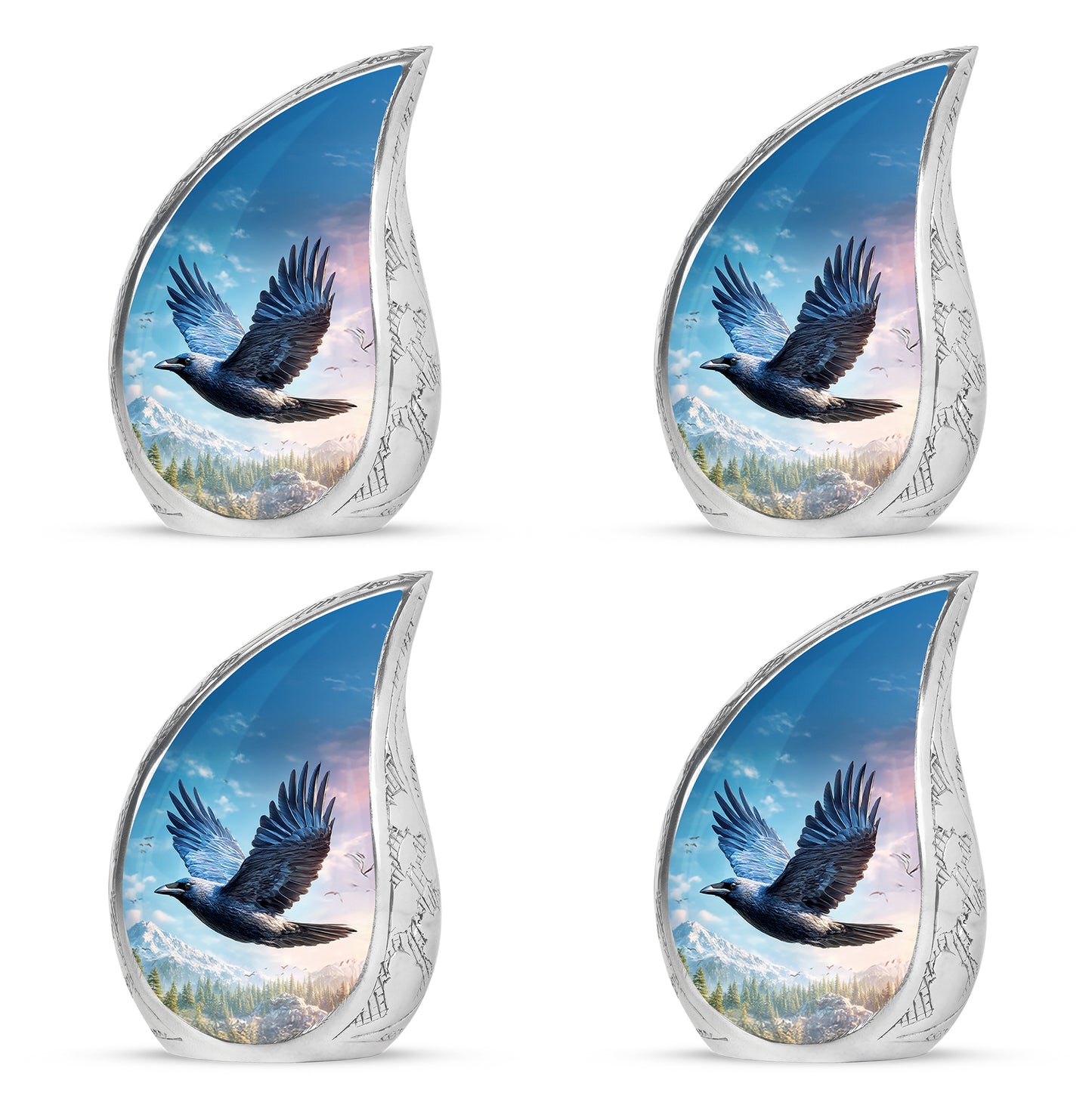 Celestial Blue Crow Cremation Urn close-up of engraving and surface detail - flowing teardrop crow silhouette on curved aluminum - 10 inch aluminum urn for cremated remains