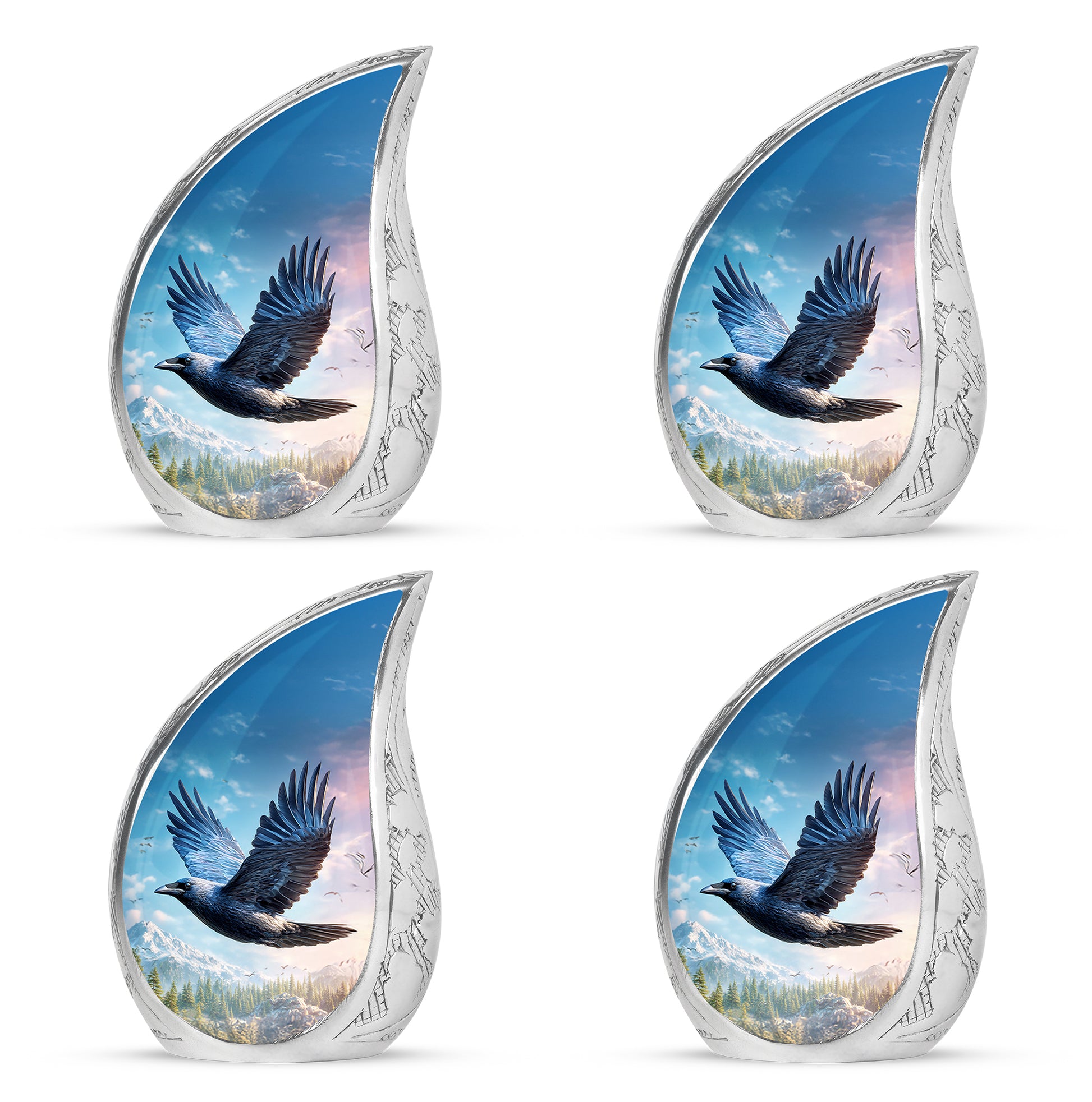 Celestial Blue Crow Cremation Urn close-up of engraving and surface detail - flowing teardrop crow silhouette on curved aluminum - 10 inch aluminum urn for cremated remains