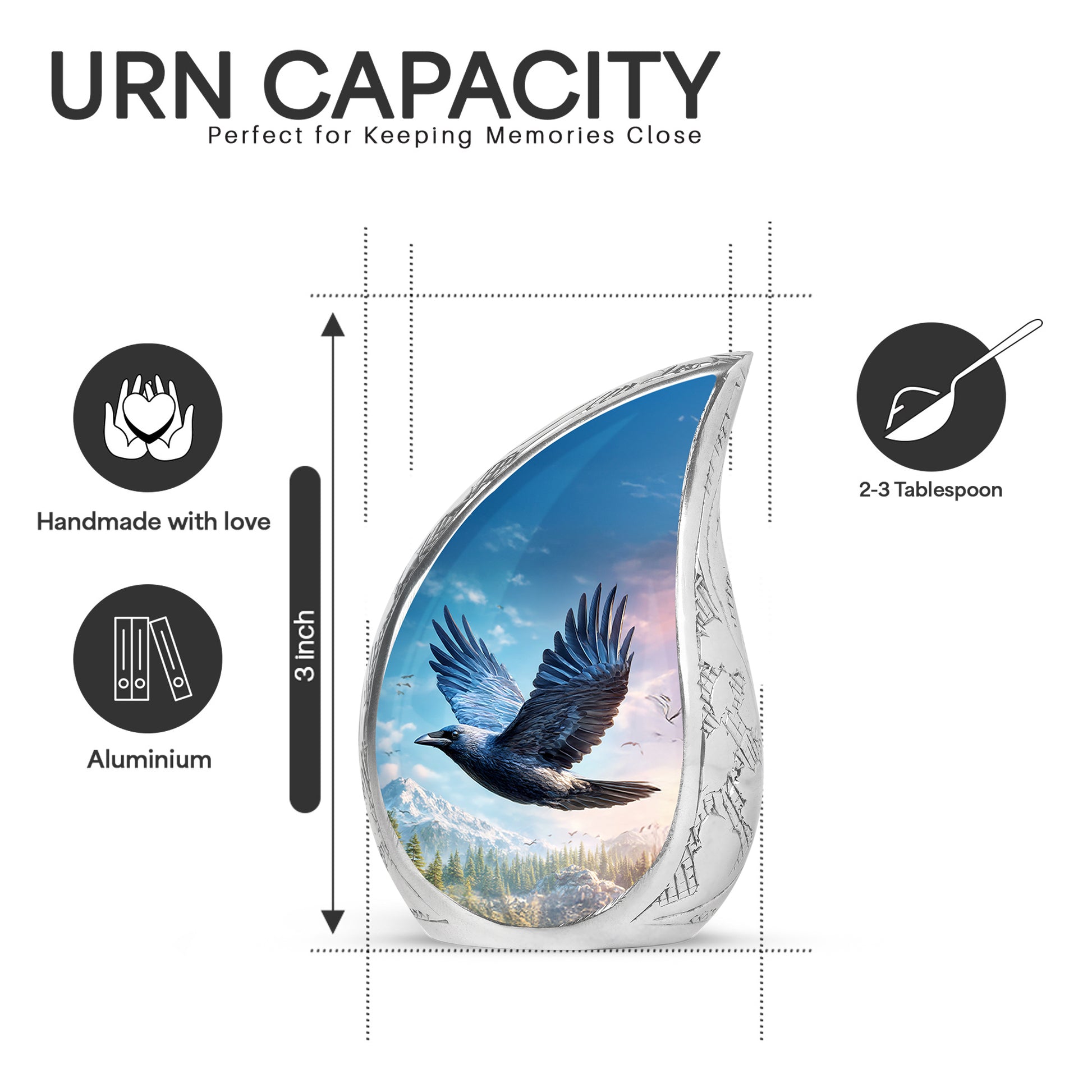 Dusty Blue Crow Cremation Urn angled view of lid and engraved motif - flowing teardrop crow silhouette on curved aluminum - mini keepsake memorial for portion of cremation ashes