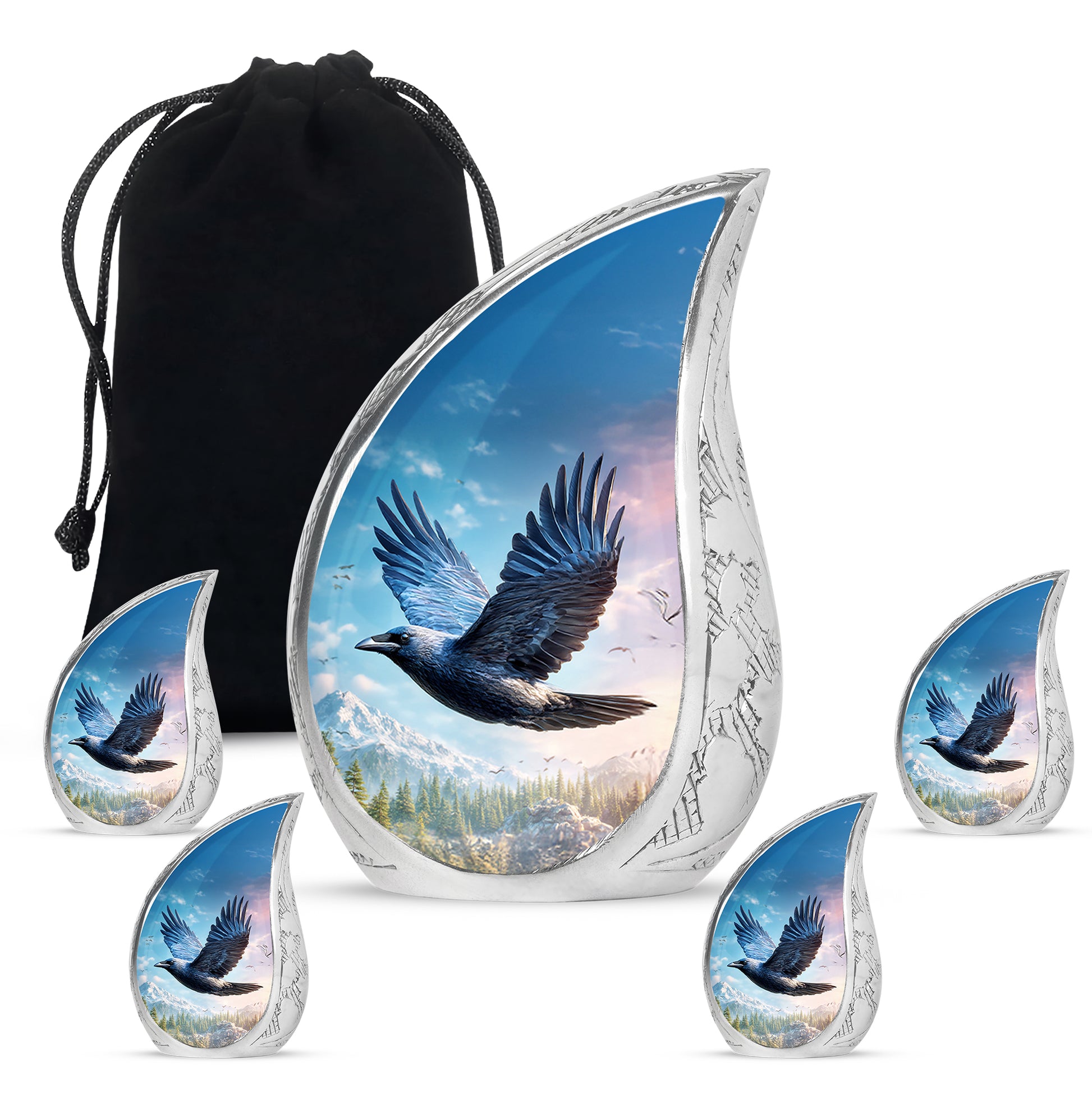 Serene Blue Crow Cremation Urn side profile showing urn shape - smooth teardrop contour featuring crow art - memorial set with one large and four small urns