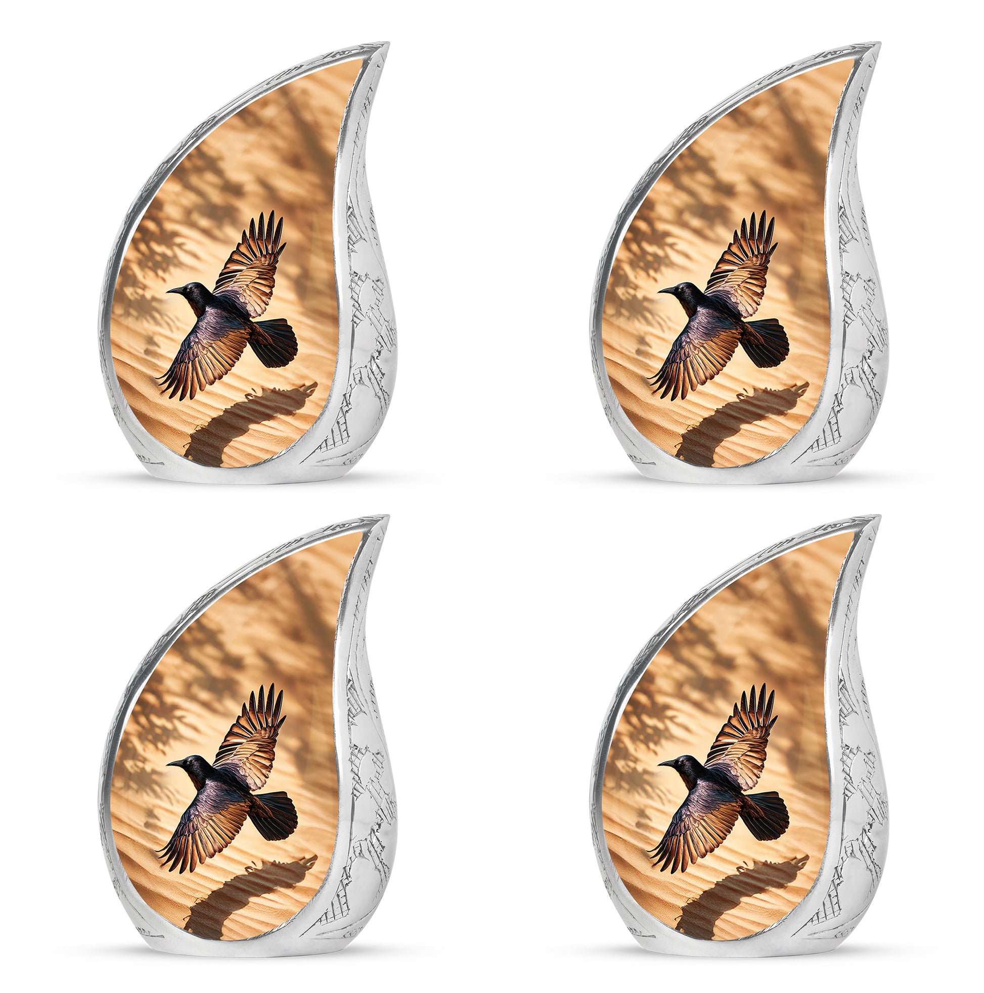 Antique Gold Crow Cremation Urn close-up of engraving and surface detail - rounded teardrop crow design with delicate detail - 10 inch aluminum urn for cremated remains