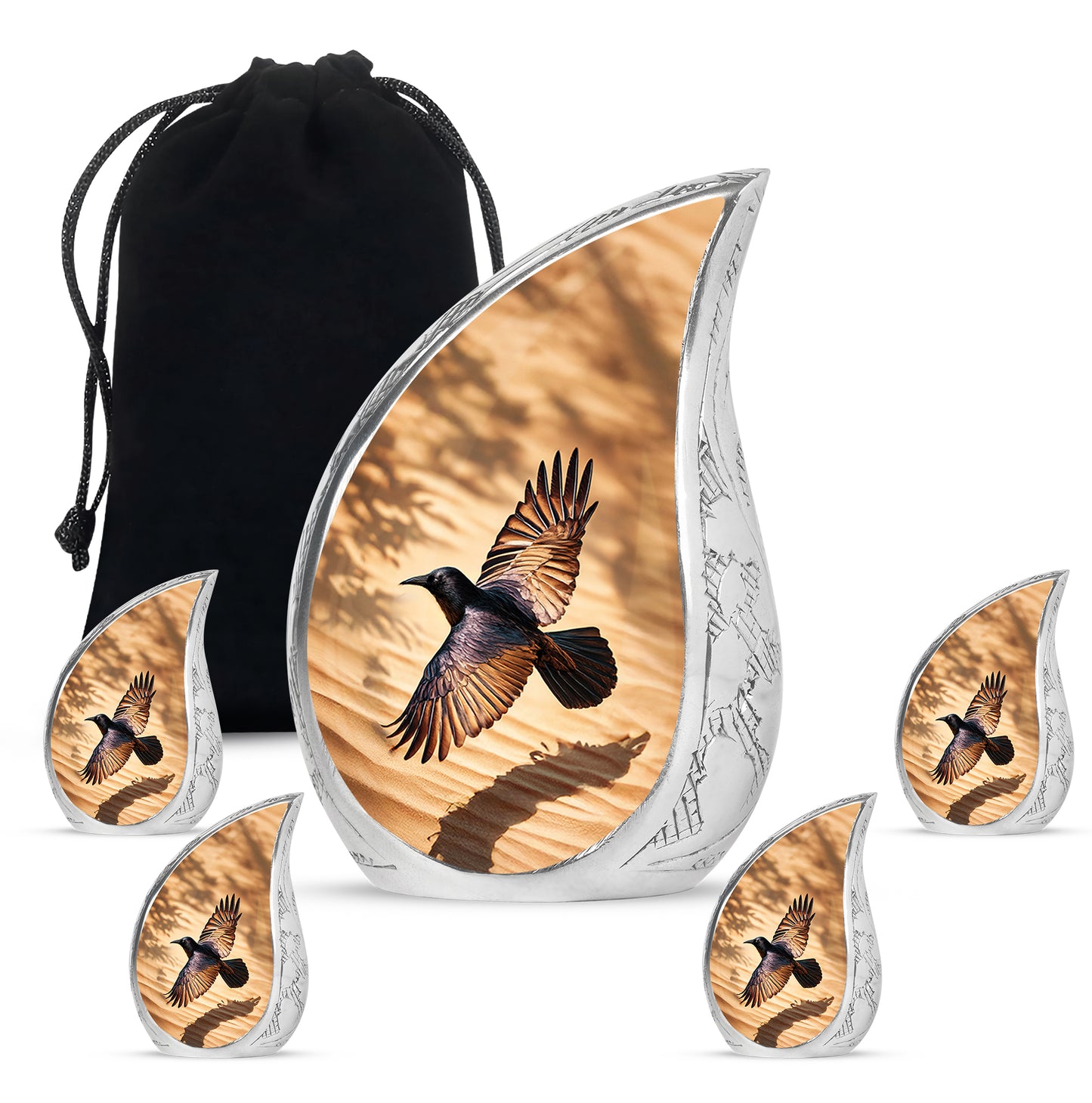 Matte Gold Crow Cremation Urn side profile showing urn shape - graceful tear-shaped urn with crow motif - memorial set with one large and four small urns
