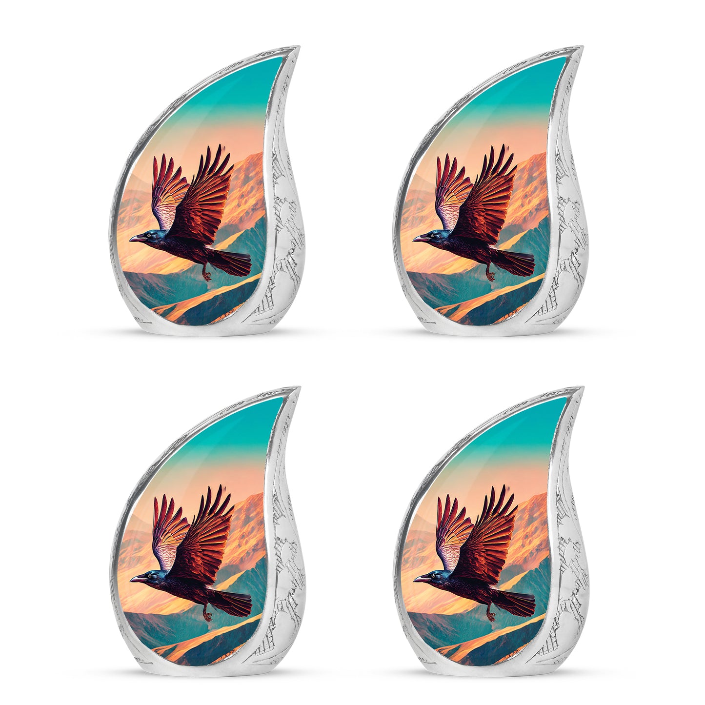 Sea Green Teal Crow Cremation Urn close-up of engraving and surface detail - flowing teardrop crow silhouette on curved aluminum - 10 inch aluminum urn for cremated remains