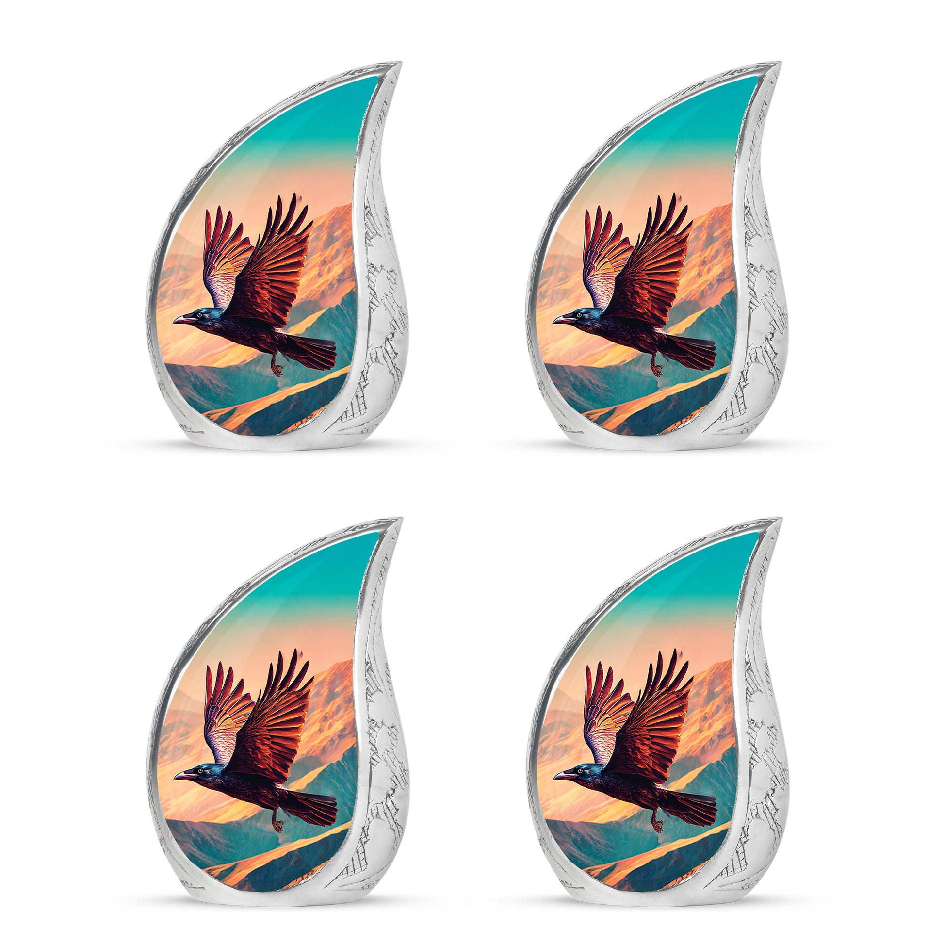 Sea Green Teal Crow Cremation Urn close-up of engraving and surface detail - flowing teardrop crow silhouette on curved aluminum - 10 inch aluminum urn for cremated remains