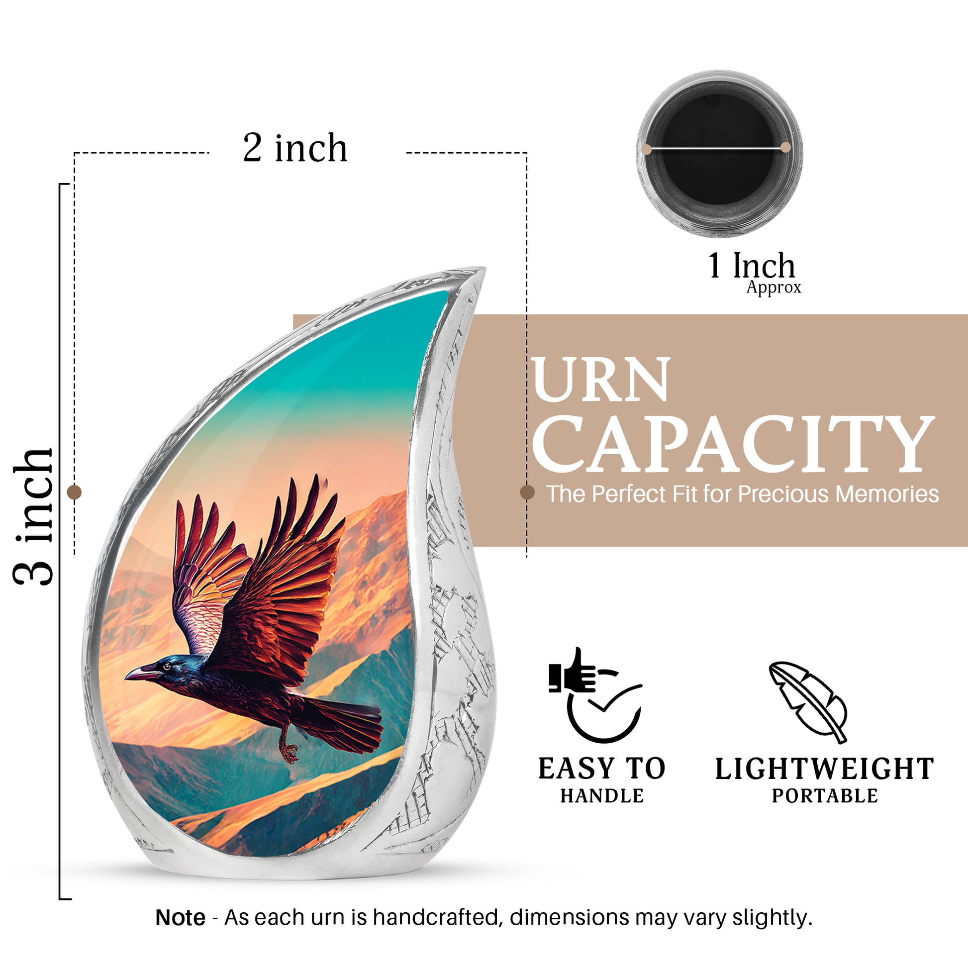 Soft Teal Crow Cremation Urn angled view of lid and engraved motif - flowing teardrop crow silhouette on curved aluminum - mini keepsake memorial for portion of cremation ashes