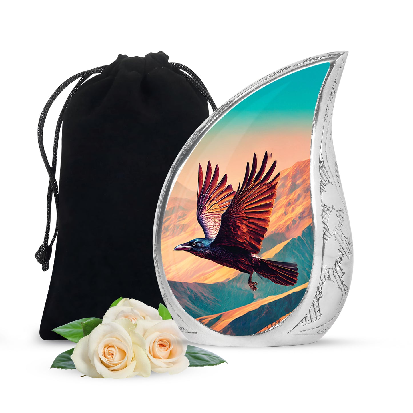 Aqua Teal Crow Cremation Urn front view showing detailed design - smooth teardrop contour featuring crow art - full-size 10 inch 200 cubic inch adult cremation urn
